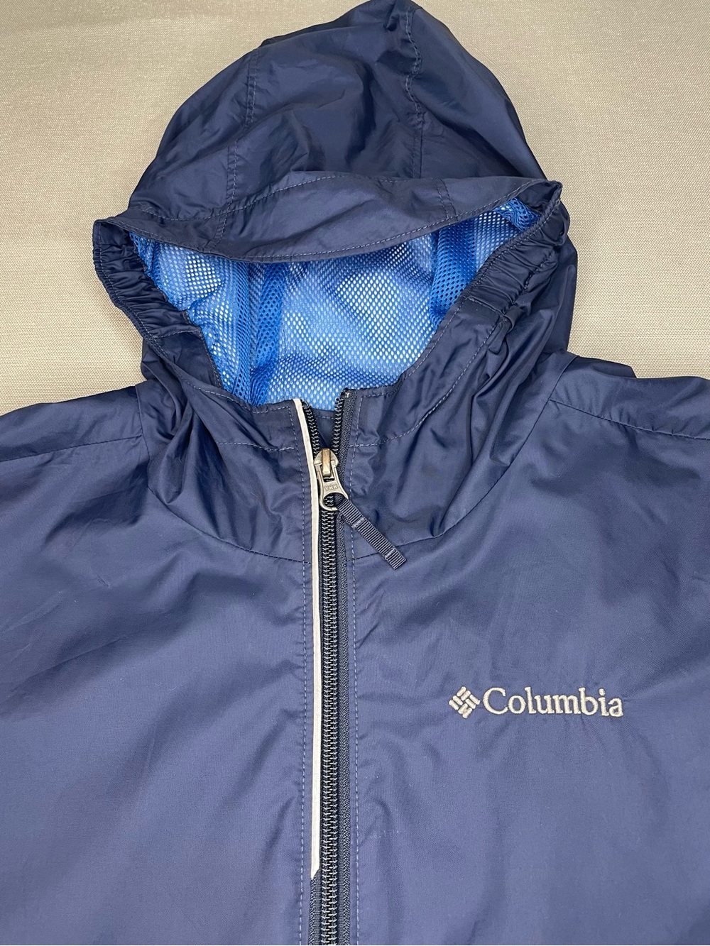 Columbia Navy Hooded Windbreaker with Light Blue Lining Kids Large
